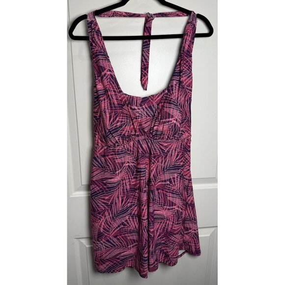 Lands End Womens Swim Dress XL Striped Palm Pink Nylon Spandex UPF 50+ Built-In - Picture 1 of 6